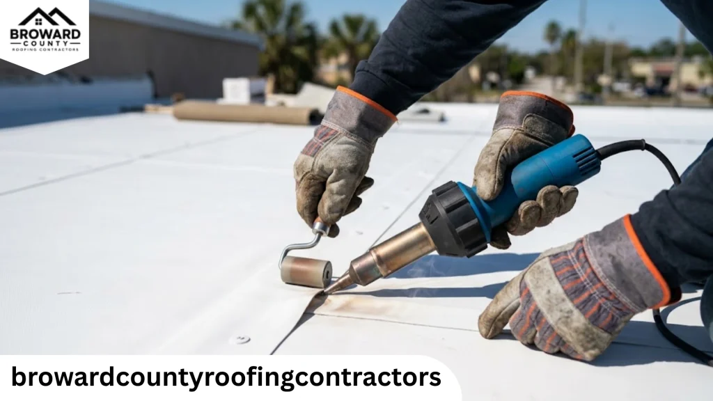 Roofer hot-air welding a TPO roof membrane seam on a commercial flat roof