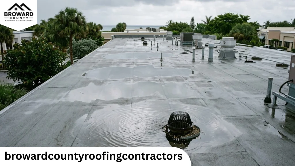 Standing water ponding near a drain on a commercial flat roof in Broward County