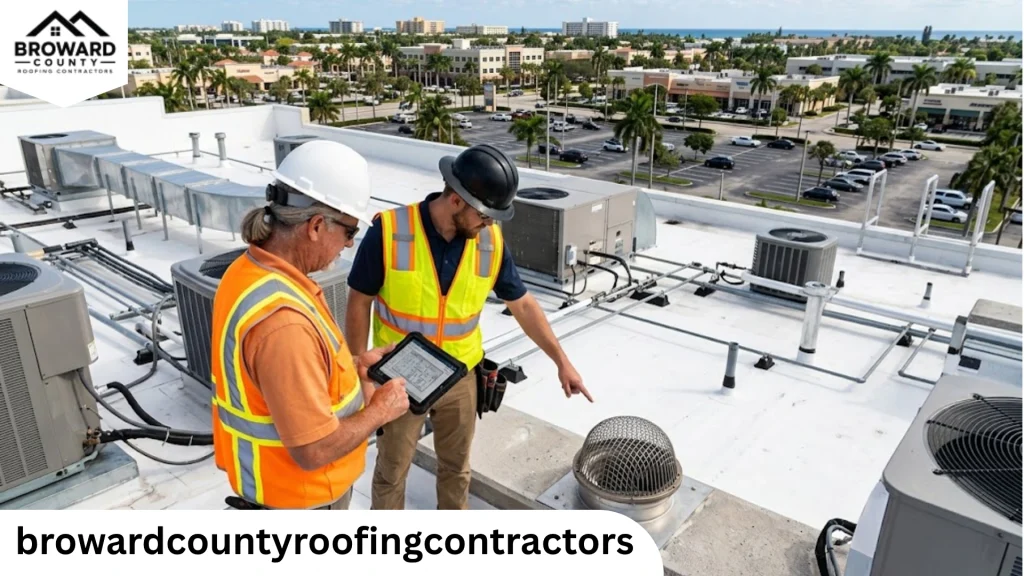 Roofing contractors inspecting a commercial flat roof in Broward County
